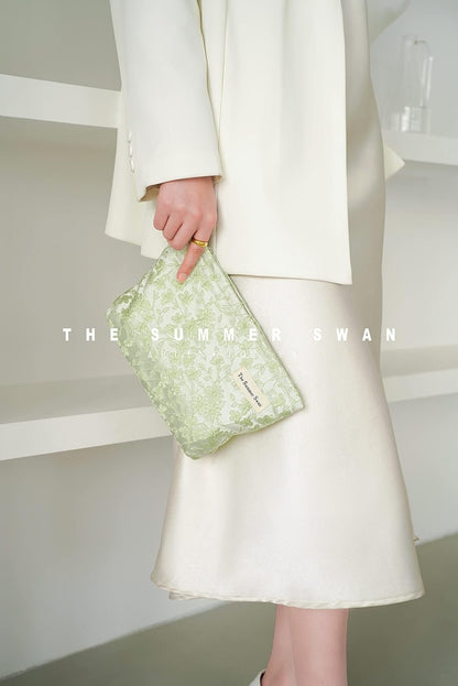 The Summer Swan | Large Aesthetic Floral Makeup Bag | Mid-day Clutch | Period Kit | Hygiene | Skincare | Embroidery Green Fabric Cosmetic Bag With Zipper
