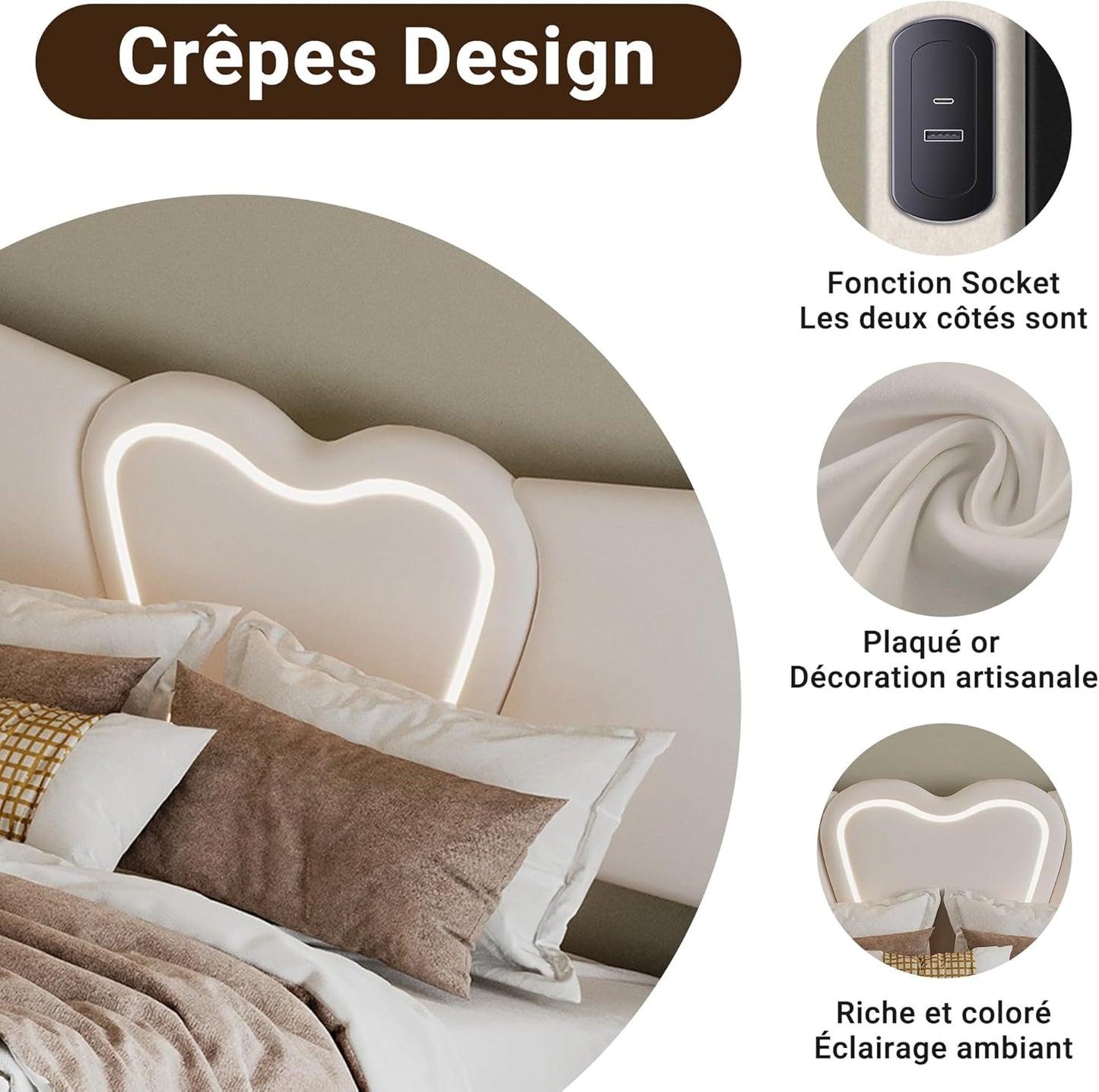 Upholstered Bed 140 x 200 cm with Cassette, LED Heart Headboard and USB Charging Function, Double Bed with Hydraulic Space, Slatted Frame, Beige, Velvet, Without