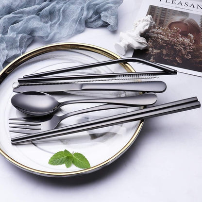 Travel Stainless Steel Utensils Set with Case – 8-Piece Reusable Flatware Kit Includes Fork, Knife, Spoon, Chopsticks, Straws, Brush & Bag – Portable Cutlery for Camping, Work, Picnic (Black)