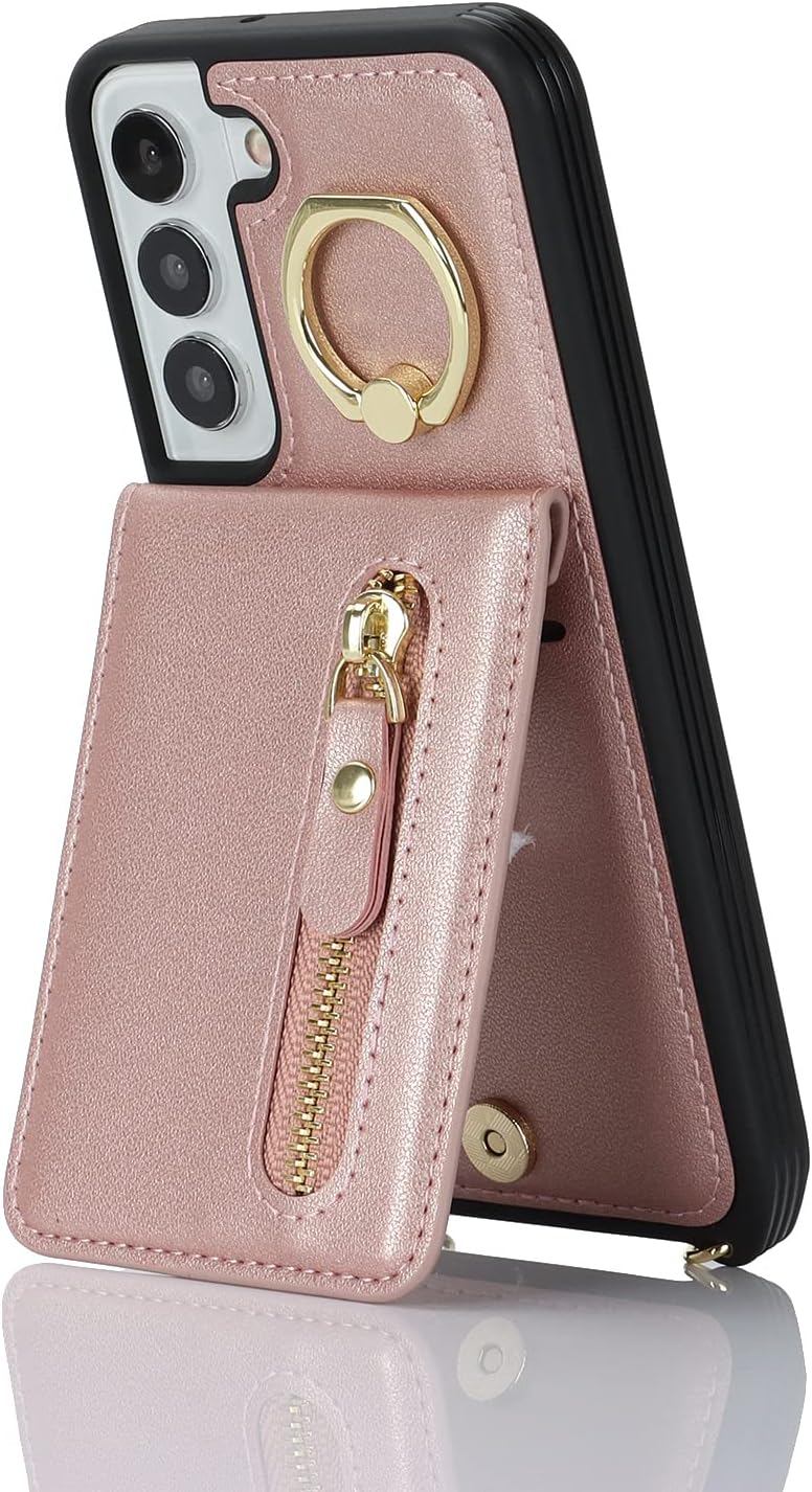 Cavor Vertical Flip Cover for Samsung Galaxy S22 Leather Case 6.1'' Crossbody Wallet Card Slots with 360°Rotation Ring Holder Kickstand & Long Shoulder Lanyard Strap-Rose