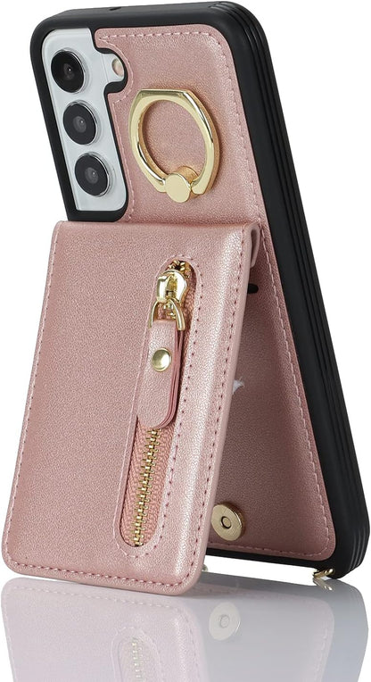 Cavor Vertical Flip Cover for Samsung Galaxy S22 Leather Case 6.1'' Crossbody Wallet Card Slots with 360°Rotation Ring Holder Kickstand & Long Shoulder Lanyard Strap-Rose