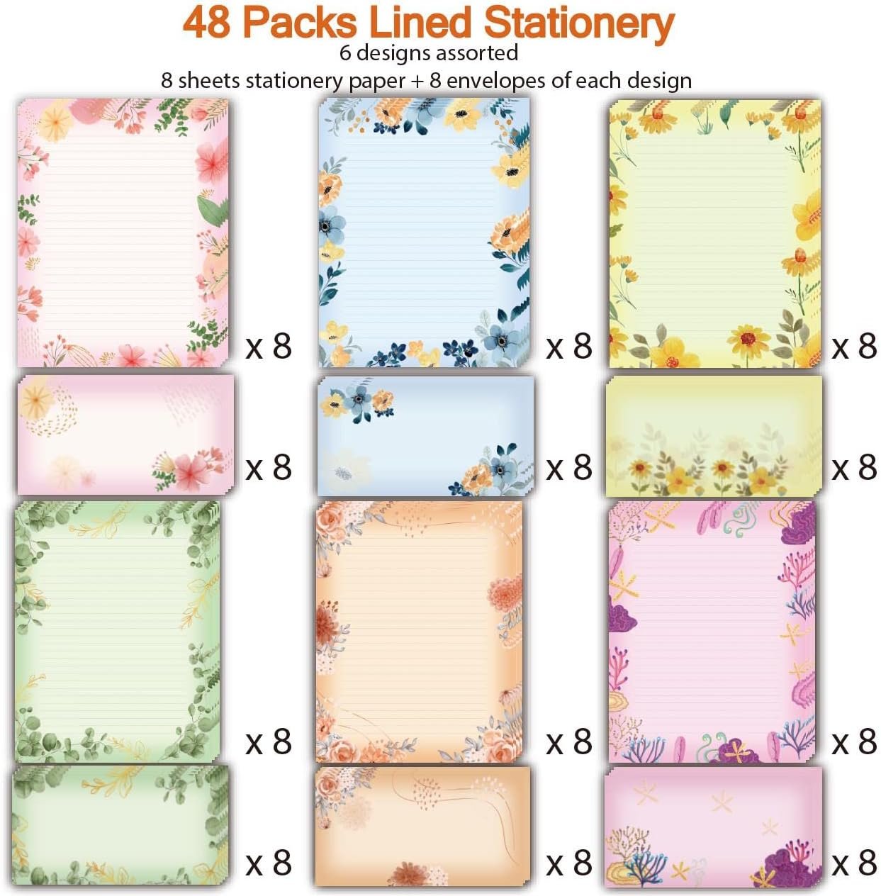 Lined Stationary Set with Envelopes 48 Writing Stationary Paper with 48 Envelopes - Flora Lines Stationary Paper Set Letter Writing Paper, 8.5 x 11 Inch of Each Stationery Paper, 6 Designs Assorted