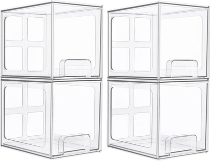 Vtopmart 4 Pack Stackable Makeup Organizer Storage Drawers, 6.6’‘ Tall Acrylic Bathroom Organizers，Clear Plastic Storage Bins For Vanity, Undersink, Kitchen Cabinets, Pantry Organization