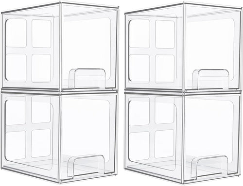 Vtopmart 4 Pack Stackable Makeup Organizer Storage Drawers, 6.6’‘ Tall Acrylic Bathroom Organizers，Clear Plastic Storage Bins For Vanity, Undersink, Kitchen Cabinets, Pantry Organization