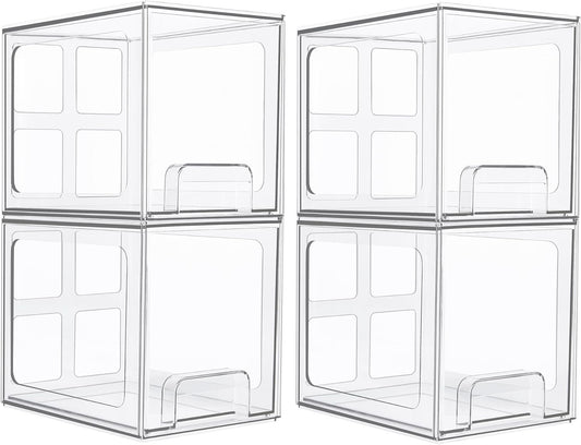Vtopmart 4 Pack Stackable Makeup Organizer Storage Drawers, 6.6’‘ Tall Acrylic Bathroom Organizers，Clear Plastic Storage Bins For Vanity, Undersink, Kitchen Cabinets, Pantry Organization