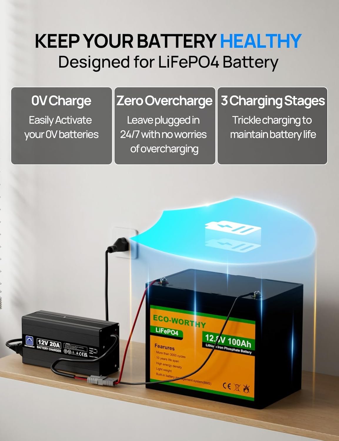 ECO-WORTHY 20A Battery Charger 12V Lithium LifePO4 Battery Charger 14.6V Automatic Smart & Maintenance for Deep Cycle Battery Boat RV