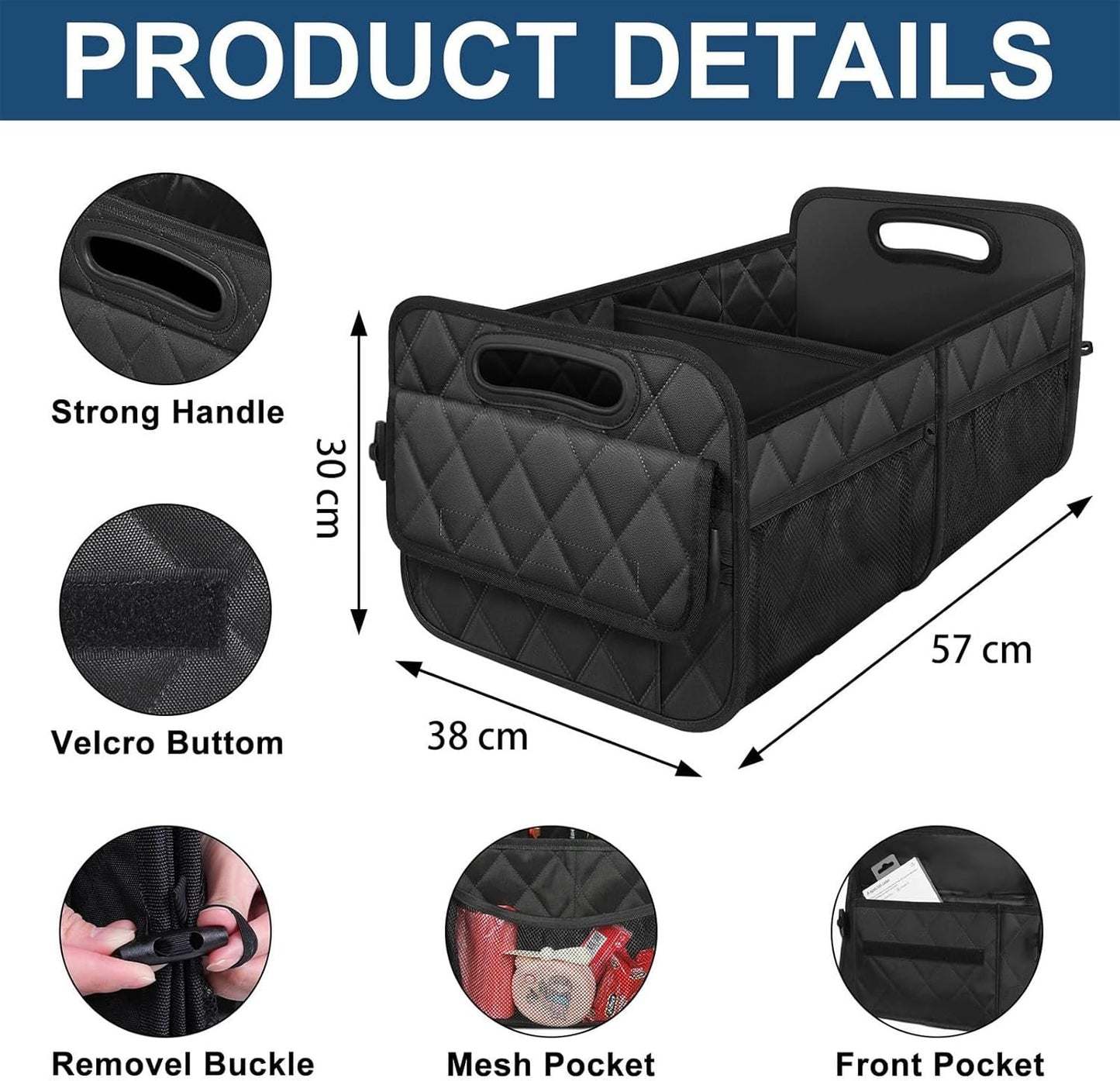 Car Trunk Organizer for SUV, 50L Waterproof Storage with 6 Pockets, Car Accessories for Women/Men, Black Polyester Organizer