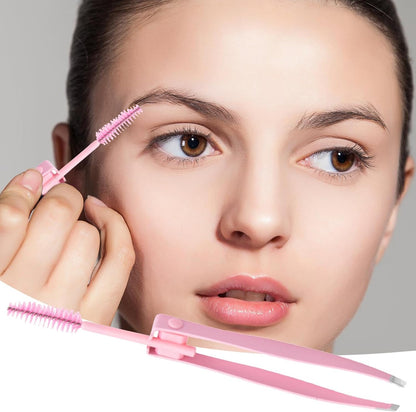 Eyebrow Plucker Tweezers, Hair Removal Tweezers, 2 in 1 Stainless Steel Eyebrow Trimming Tool with Brush, Reusable Hair Arrow Tool, False Eyelash Applicator, Care Tool for Men