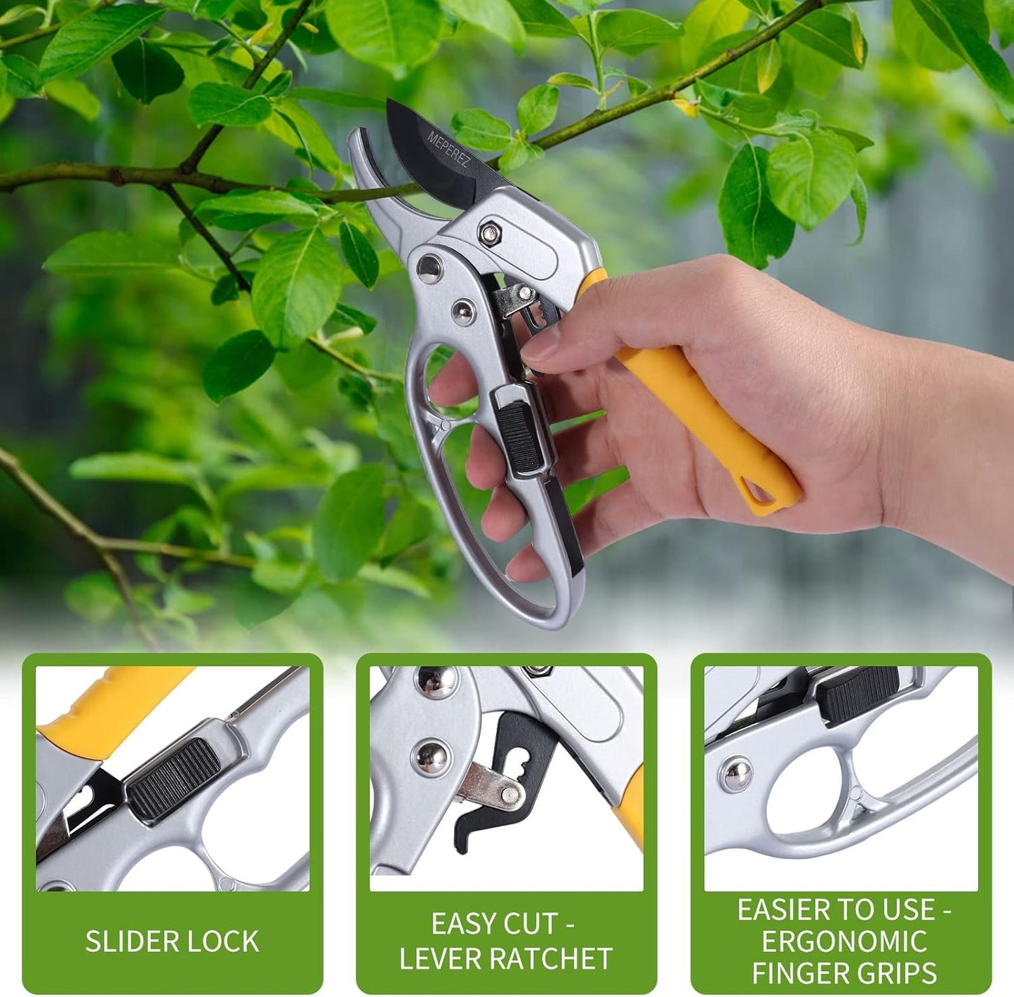 MEPEREZ Garden clippers, German pruners, ratchet pruning shears, work 3 times easier, gardening tools, for trimming rose, floral, tree, live plants, sharp garden scissors, arthritis weak hand snips
