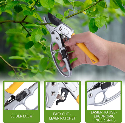 MEPEREZ Garden clippers, German pruners, ratchet pruning shears, work 3 times easier, gardening tools, for trimming rose, floral, tree, live plants, sharp garden scissors, arthritis weak hand snips