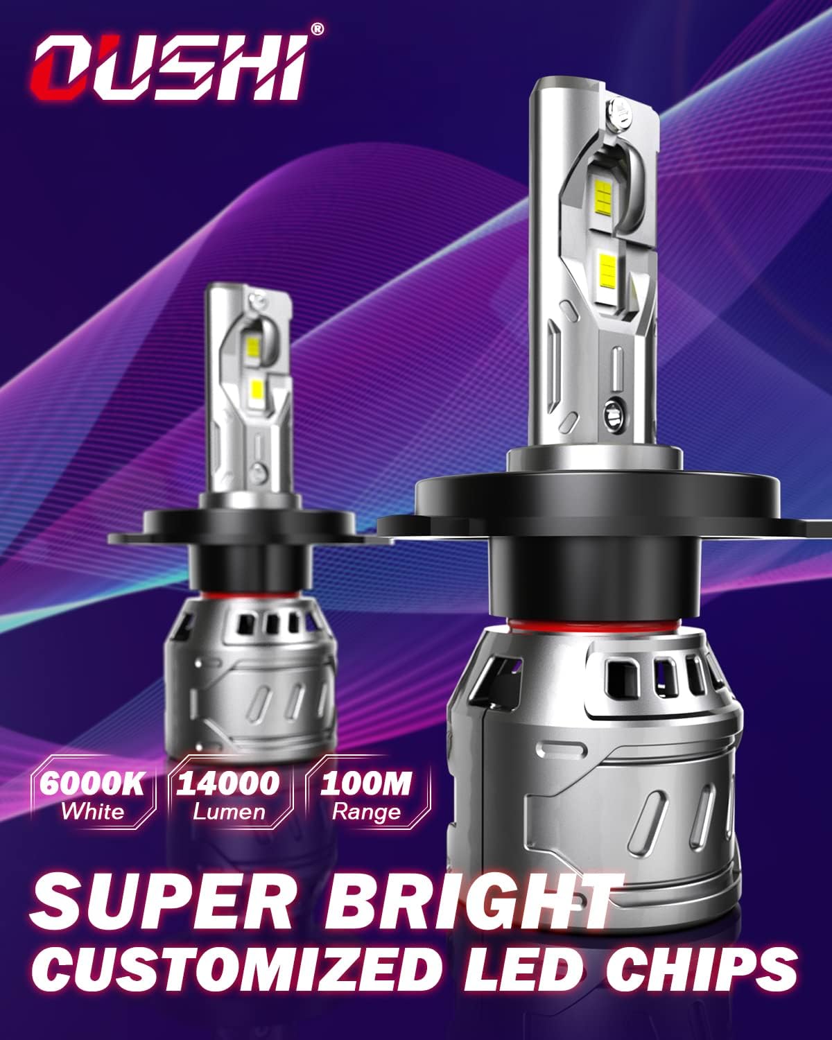 OUSHI H4 LED Bulbs, HB2 Hi/Lo LED Headlight Bulb H4 14000LM 70W 6000K Xenon White, Waterproof for Car Headlight Bulb Replacement (2 Pieces)