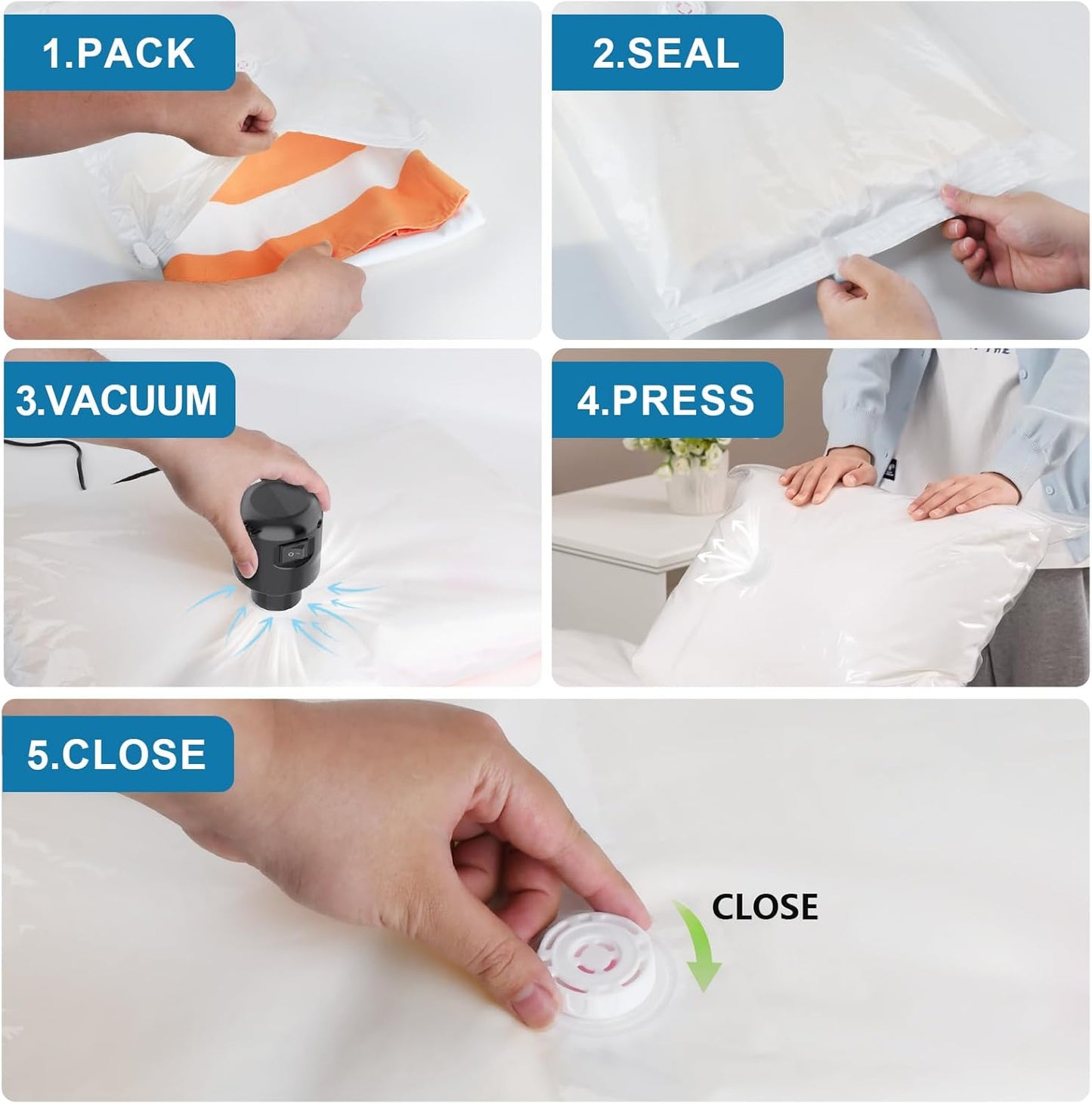 GGH 5 Pack Vacuum Storage Bags with Electric Pump, Large Vacuum Seal Bags for Clothing, Comforters, Blankets - Space Saver Compression Bags for Travel & Home Organization