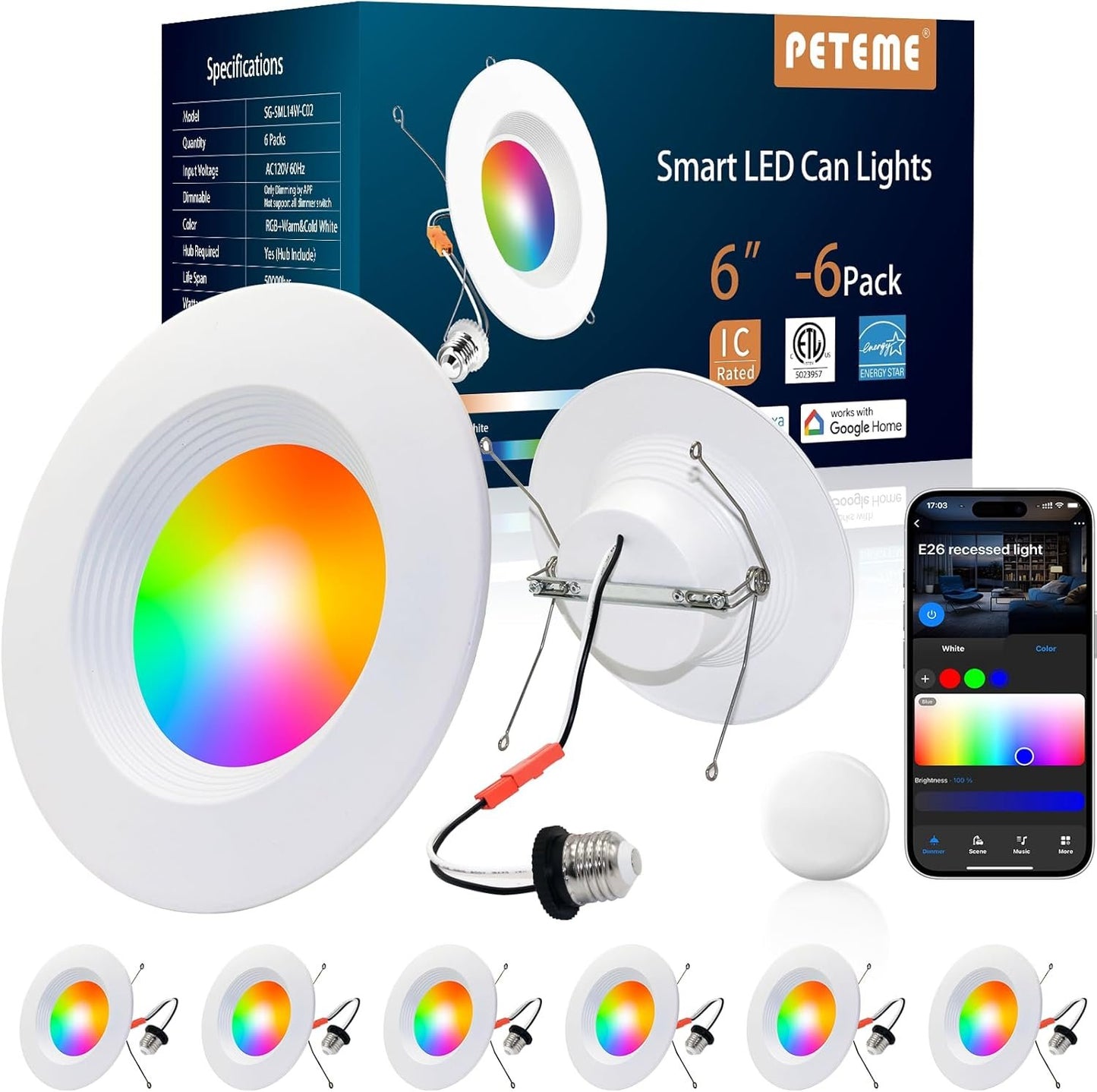 Smart Bluetooth Retrofit Can Light 6 Inch with Wi-Fi Bridge(Hub), RGB & Cool & Warm White Dimmable Color Changing Downlight, ETL Certified Recessed Lighting Work with Alexa, 1000Lumen,6 Pack