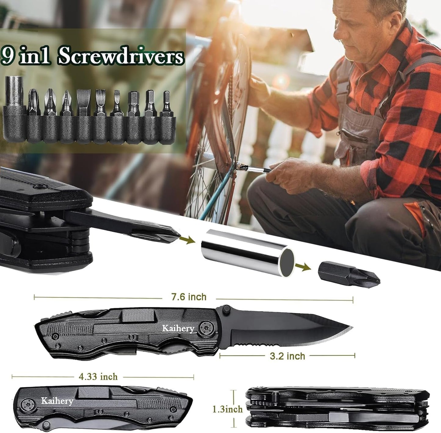 Pocket Knife Folding Multitool, Stocking Stuffers Gifts for Men Dad, Urvival Gear with Knife Pliers Screwdriver Saw, Multi Tool Camping Knife with Safety Locking for Outdoor Survival Hunting Camping