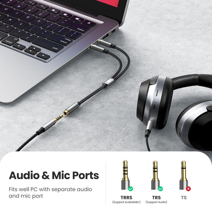 UGREEN Headphone Splitter for Computer 3.5mm Female to 2 Dual 3.5mm Male Headphone Mic Audio Y Splitter Cable Smartphone Headset to PC Adapter (Black)