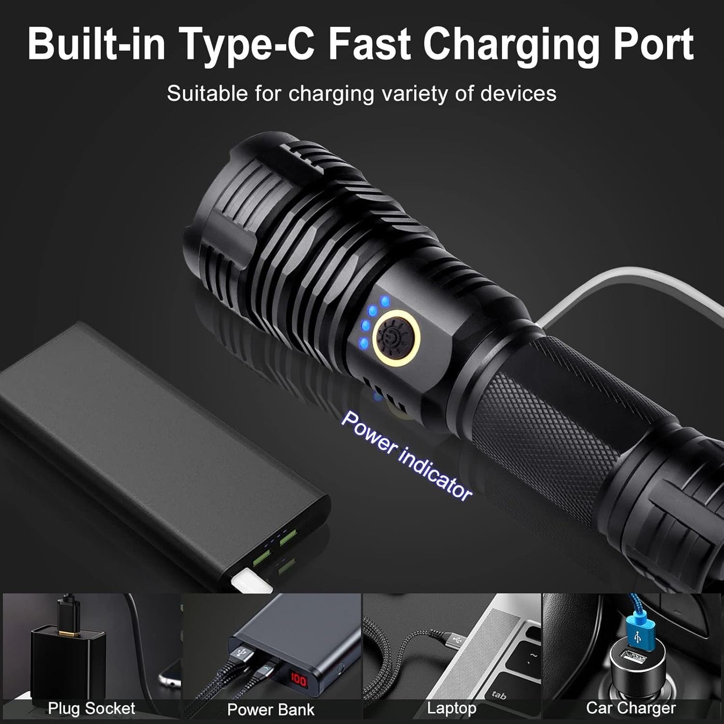 990000 High Lumens Rechargeable LED Flashlight, Tactical XHP70 Flashlights with Zoomable, 5 Modes, Military Grade Waterproof LED Flashlights for Camping, Hiking, Emergencies