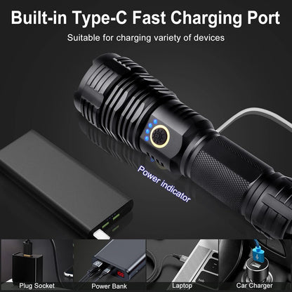 990000 High Lumens Rechargeable LED Flashlight, Tactical XHP70 Flashlights with Zoomable, 5 Modes, Military Grade Waterproof LED Flashlights for Camping, Hiking, Emergencies