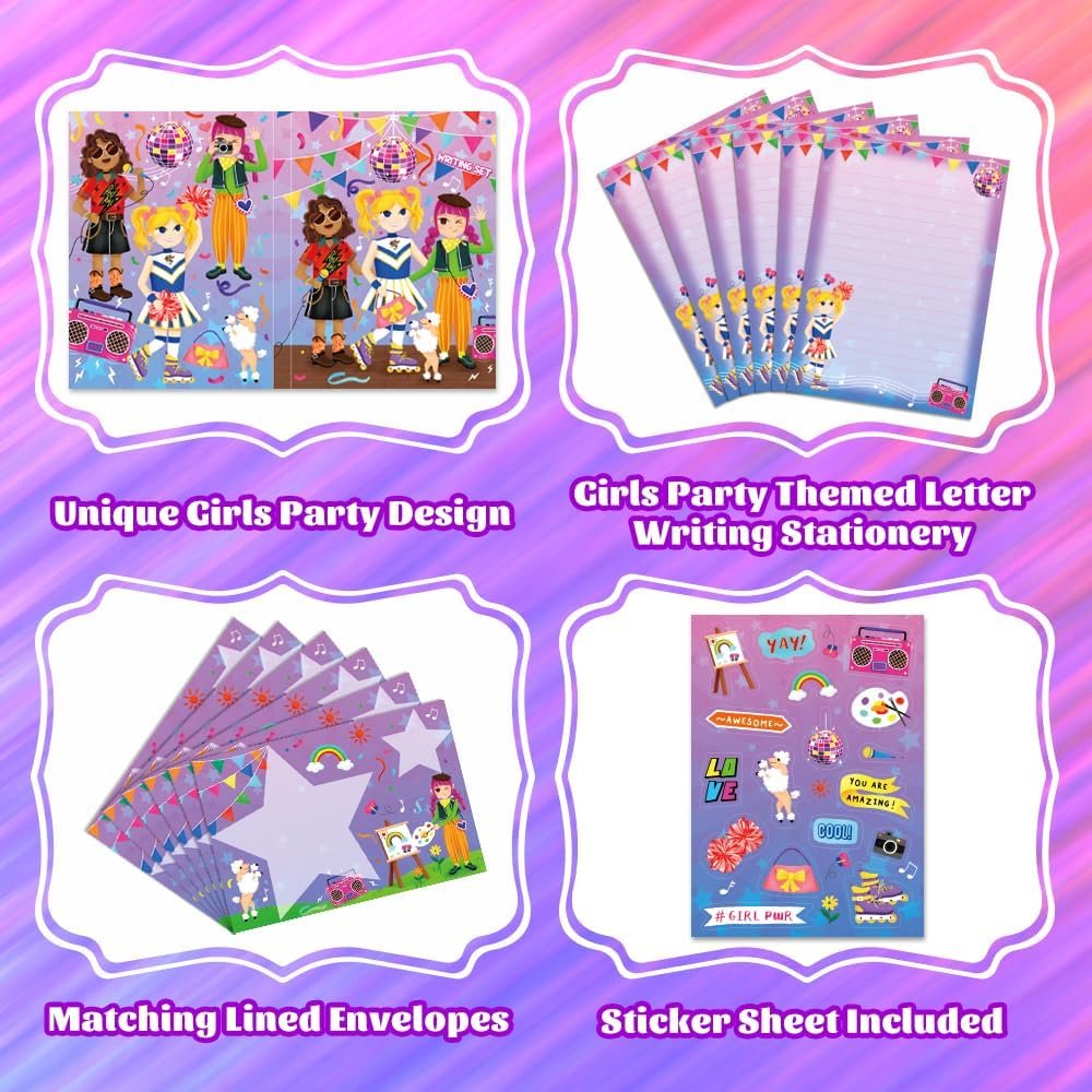 KiDEPOCH Girls Party Stationery Set - Lined Letter Writing Paper & Envelopes - 30 Sheets + 20 Envelopes, White, 8.3 x 5.9 Inch