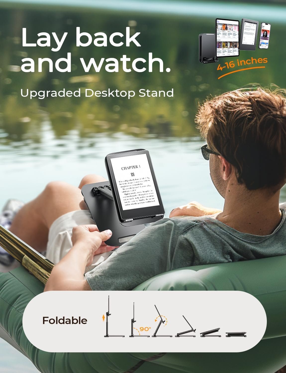 LISEN Tablet Stand for iPad Stand Holder Desk, Foldable Home Office Desk Accessories Travel for iPad Holder Dorm College Essentials Portable Monitor Stand Fits Tabs Kindle iPhone 4-15.9" Black