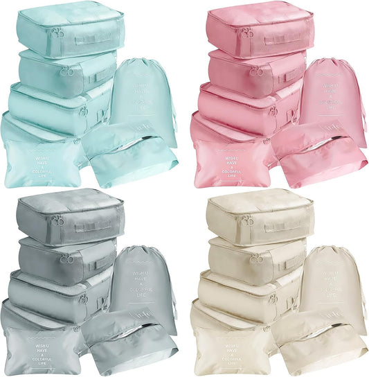 28 Pcs Travel Packing Cubes for Suitcase, Luggage Organizer Bags Bulk, Waterproof Compression Storage Packing Bag for Toiletry Cosmetics Shoes Clothing, 4 Colors