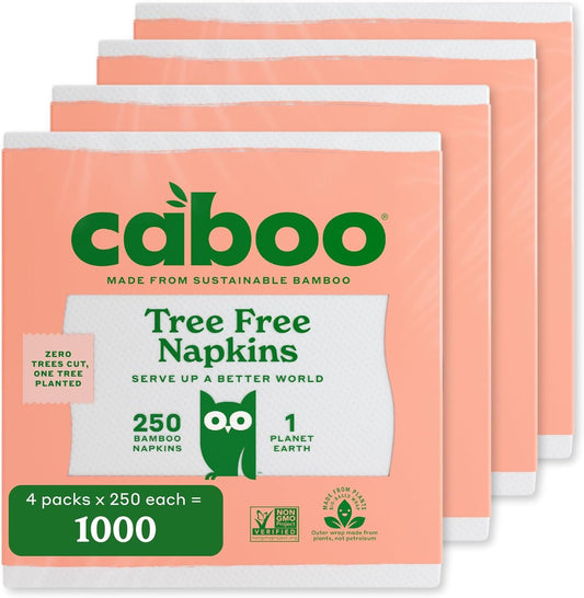 Caboo Tree Free Paper Napkins, 4 Packs of 250, 1000 Total Napkins, Eco Friendly, Sustainable, and Disposable Kitchen Napkins