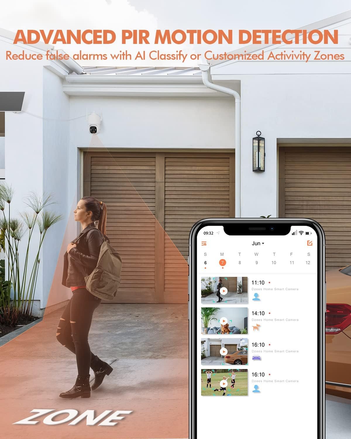 Dzees Solar Security Cameras Wireless Outdoor, 2K Battery Powered Security Camera, 360Â° PTZ Camera with Spotlight, Siren, Color Night Vision, AI Dectection, IP66 for Home Security, 2.4GHz