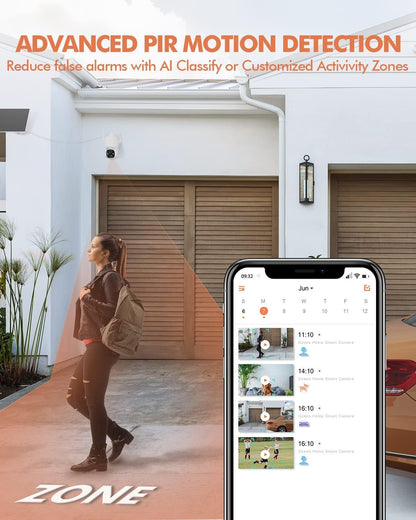 Dzees Solar Security Cameras Wireless Outdoor, 2K Battery Powered Security Camera, 360Â° PTZ Camera with Spotlight, Siren, Color Night Vision, AI Dectection, IP66 for Home Security, 2.4GHz