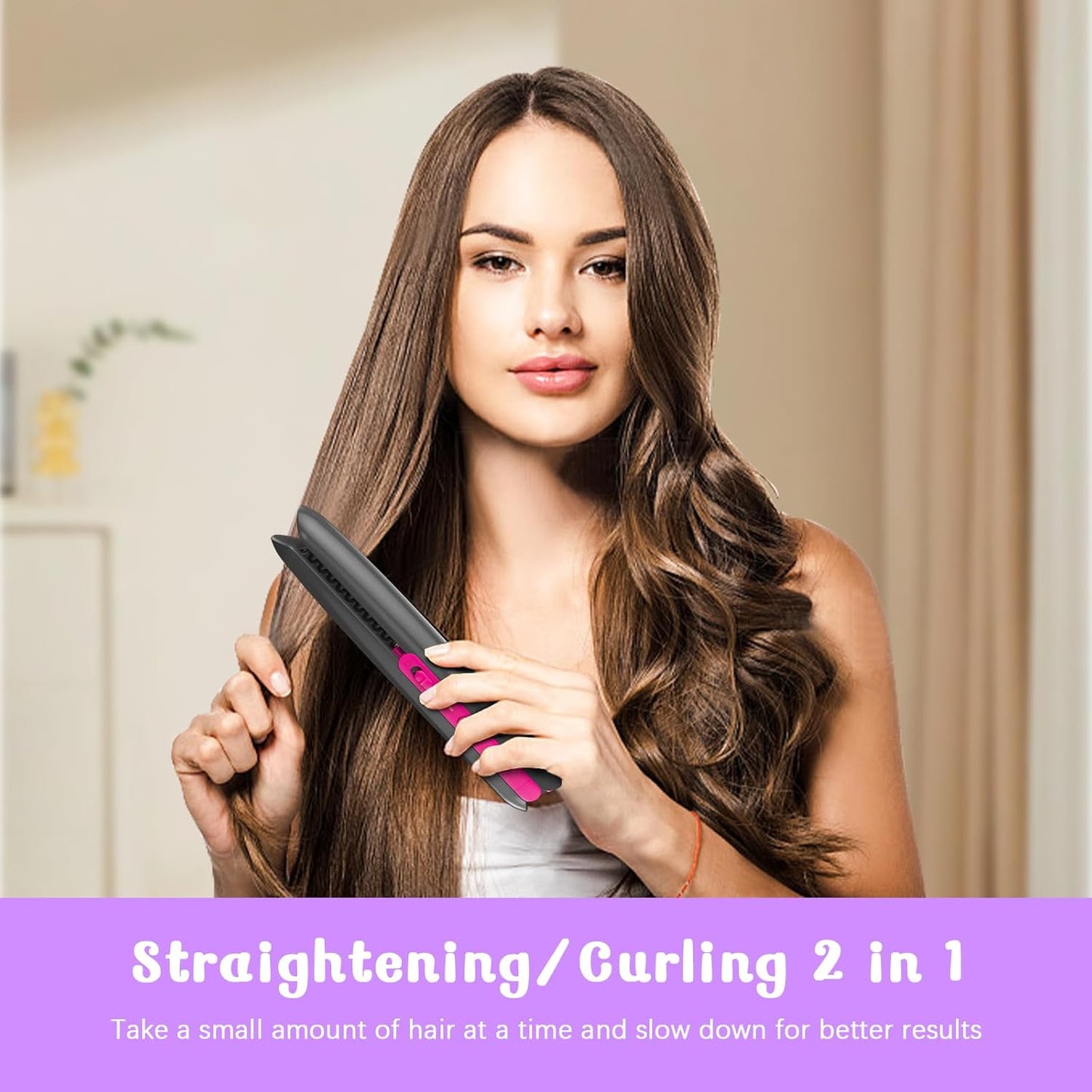 Hair Straightener, Flat Irons, Rechargeable Curling Iron with 3 Temperature, Portable Straightener and Curler 2 in 1 Hair Tools for differnet Hair Style（Grey+Red Rose