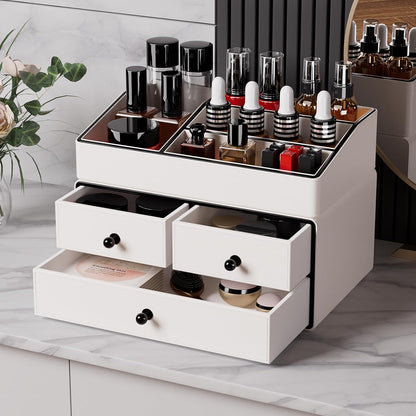 GORESE Cosmetic Organizer, 2 Shelves 3 Drawers Leather Makeup Organizer Make Up Makeup Holder Desk Organizer Bathroom Organizer for Bedroom, Bathroom, Dressing Table(White)