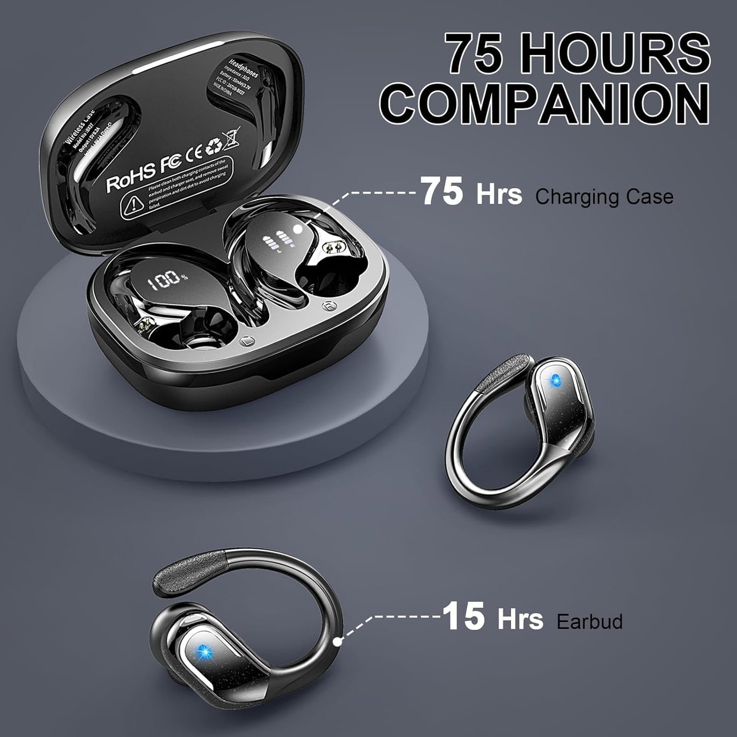Wireless Earbuds Sport, Bluetooth 5.4 Headphones 2024 Bluetooth Earbuds with 75Hrs Stereo, 4 ENC Mic, Over-Ear Buds with Earhooks Noise Canceling Earphones , IP7 Waterproof Headset for Workout/Running