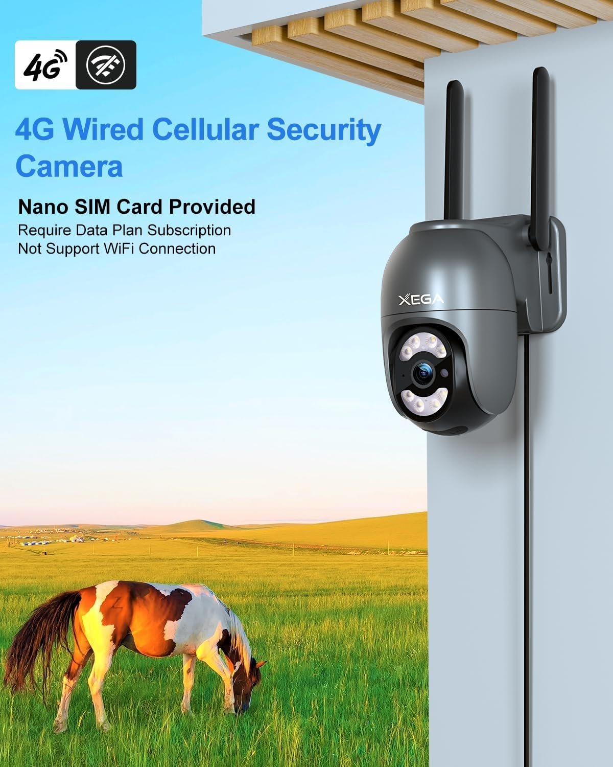 Xega 4G LTE Security Camera Outdoor with SIM Cardã€Plug in 24/7 Recordingã€‘ 2K Wired 4G No WiFi Security Camera, IP PTZ CCTV Auto Tracking Human Detection Spotlight Siren Alert TF Cloud Storage IP66
