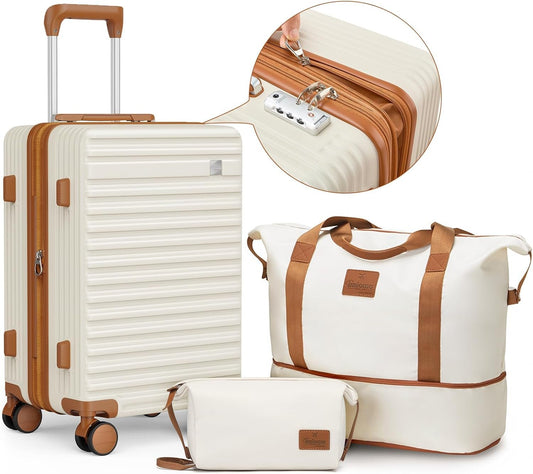imiomo Carry On Luggage Set 20 Inch, Expandable Carry On Suitcase with Spinner Wheels,Hard Shell Lightweight Rolling Travel Luggage with TSA Lock,Beige Brown