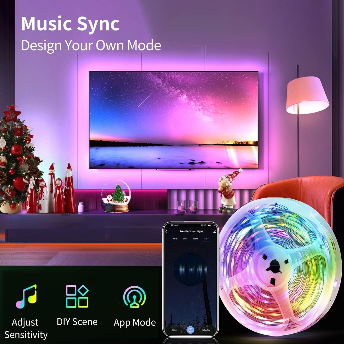 Silicone Coated Strip Light FRESHIN 16.4FT/5M RGBCW IP44 Dustproof Odorless Music Sync, Compatible with Alexa, Google Home