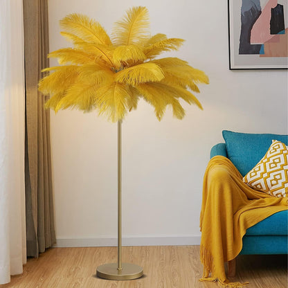Floor Lamps for Living Room Bright Lighting with Feather Lampshade, Modern Ostrich Feather Floor Lamp with LED Bulbs Standing Lamp for Beroom, Office,Gold,Large