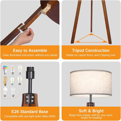 OUTON Dimmable Wood Tripod Floor Lamp with Shelves, Remote Control, Mid Century Modern Standing Lamp 58.5" for Bedroom, Living Room & Office, Beige Lamp Shade Include E26 9W Bulb