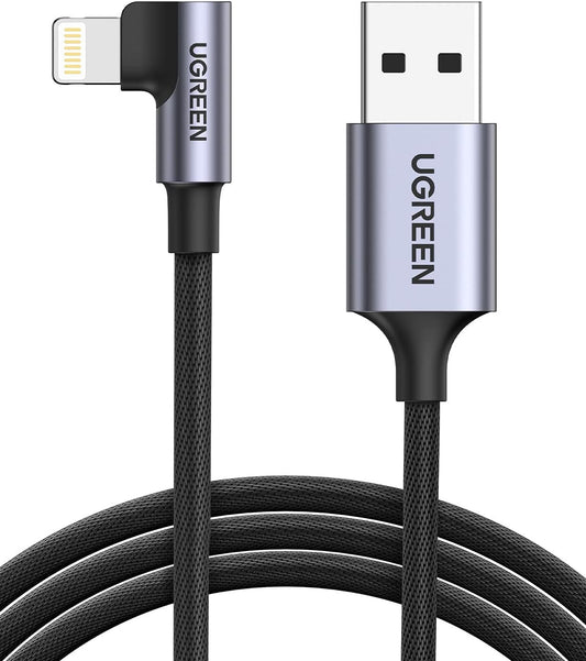 UGREEN USB A to Lightning Cable 90 Degree 1M, Apple MFi Certified iPhone Charger, Right Angle Nylon Braided Cord, Data Sync for iPhone 14 Pro Max/13/12, iPad Pro/Air/Mini, AirPods, Black