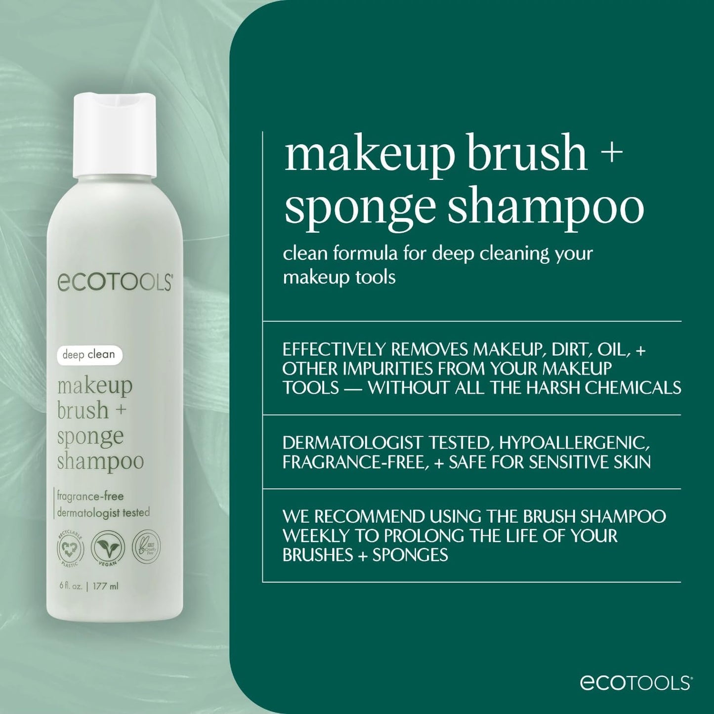 Eco Tools Professional Makeup Cleaner for Makeup Brushes, Brush and Makeup Beauty Sponge Cleansing Shampoo, Fragrance Free, Hypoallergenic, Paraben Free, 6 fl.oz./ 177 mL Bottle