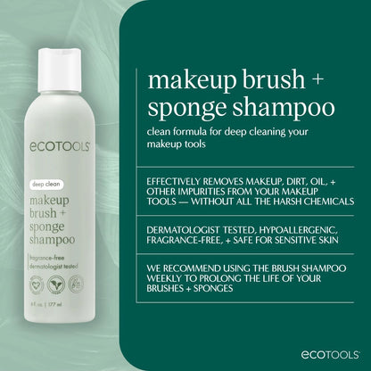Eco Tools Professional Makeup Cleaner for Makeup Brushes, Brush and Makeup Beauty Sponge Cleansing Shampoo, Fragrance Free, Hypoallergenic, Paraben Free, 6 fl.oz./ 177 mL Bottle