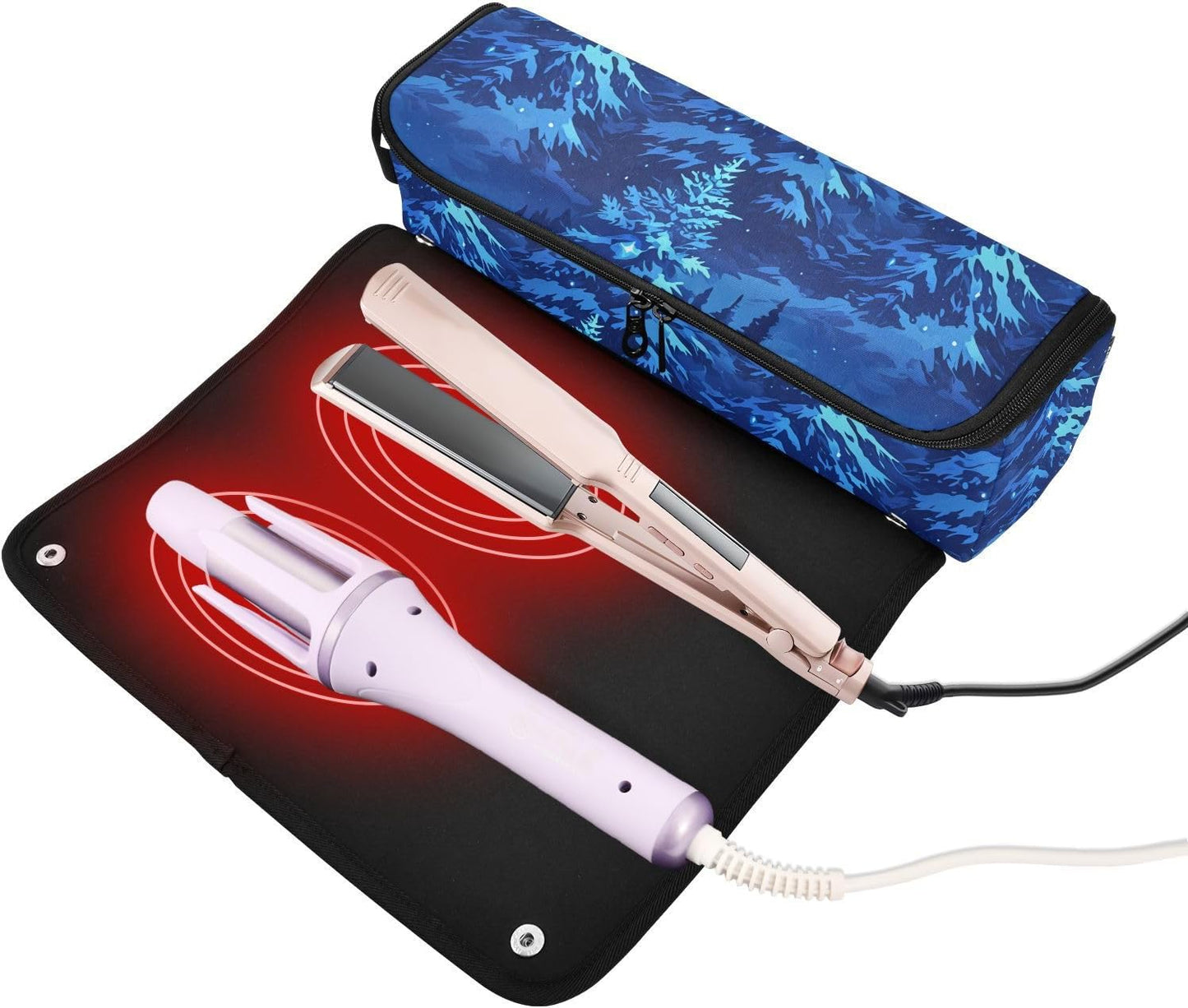 Blue Forests - Organizer 2 in 1 per strumenti per capelli e tappetino resistente al calore, grande capacità, organizer portatile per strumenti caldi e accessori per la cura dei capelli