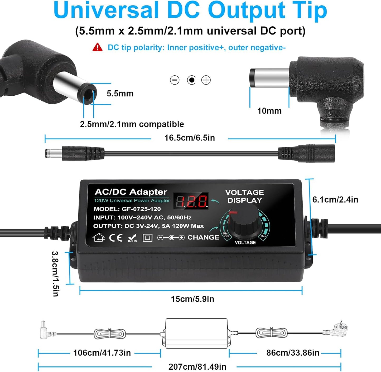 Carastek Adjustable Power Adapter 3V-24V 5A 120W with Digital Display Universal AC/DC 100V-240V AC to DC Adapter with 14 Tips and Polarity Converter for Home Electronics