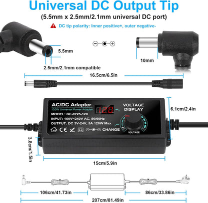 Carastek Adjustable Power Adapter 3V-24V 5A 120W with Digital Display Universal AC/DC 100V-240V AC to DC Adapter with 14 Tips and Polarity Converter for Home Electronics