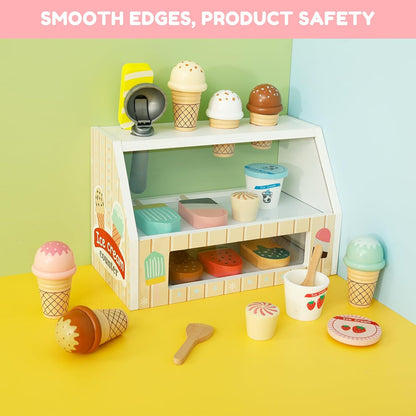 Wooden Ice Cream Toys, Wood Ice Cream Counter Play Set, Play Store Pretend Toy for Toddlers, Ice Cream Counter Shop with Spoon, Play Kitchen Accessories for Kids