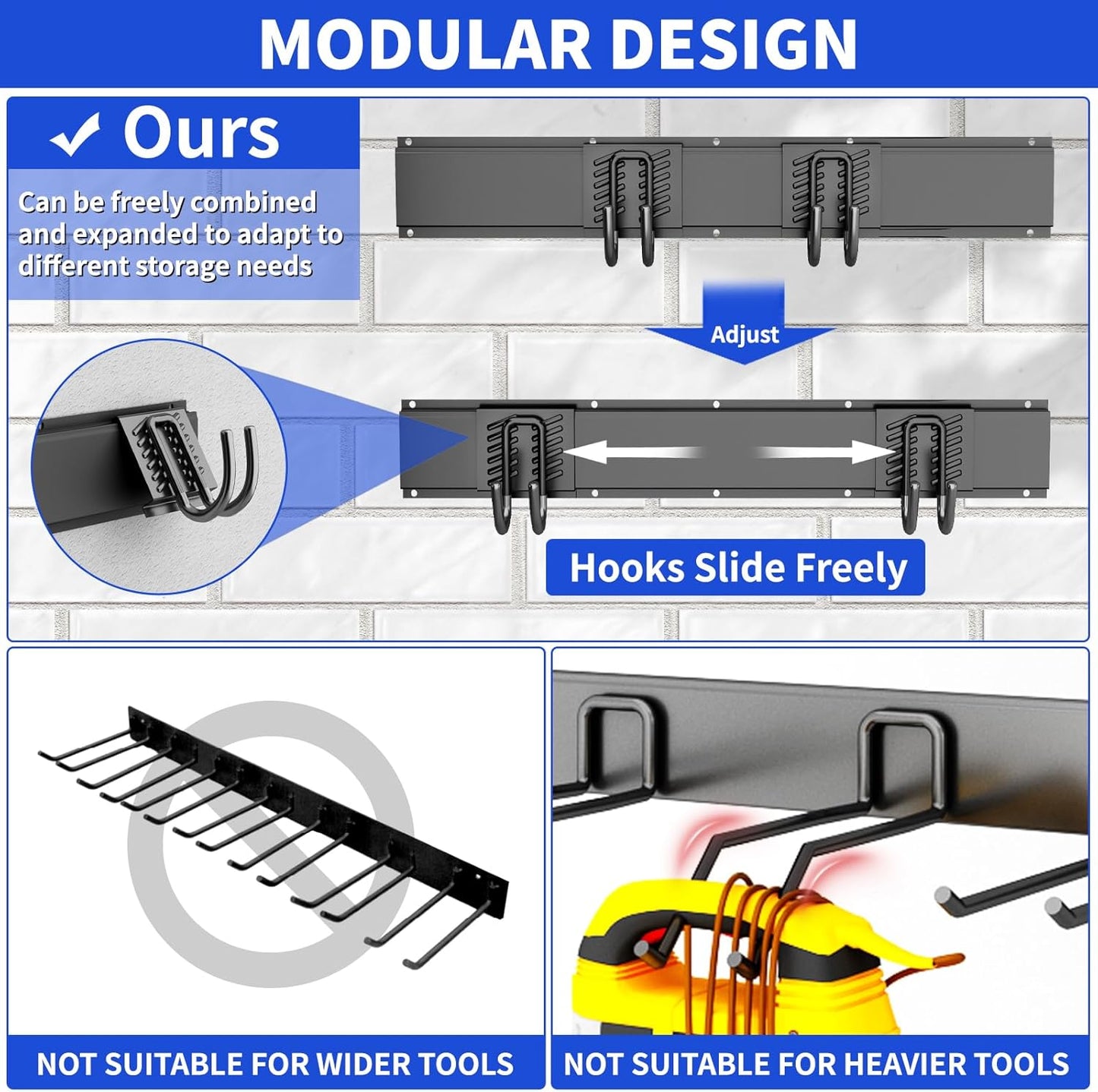 Garage Organization Tool Organizer Wall Mount, 48inch Heavy Duty Garden Tool Storage System, Easy Install With 6 Adjustable Hooks, For Home, Garage, Outdoor, Workshops (Black)