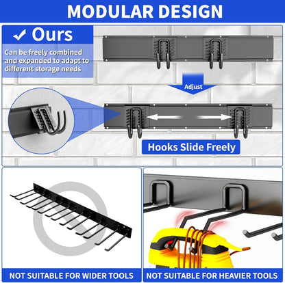 Garage Organization Tool Organizer Wall Mount, 48inch Heavy Duty Garden Tool Storage System, Easy Install With 6 Adjustable Hooks, For Home, Garage, Outdoor, Workshops (Black)