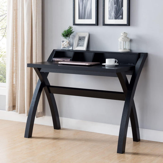Q-Max Modern Writing Desk with Three Open Shelves and X-Shaped Legs - Efficient Storage Solution in Black