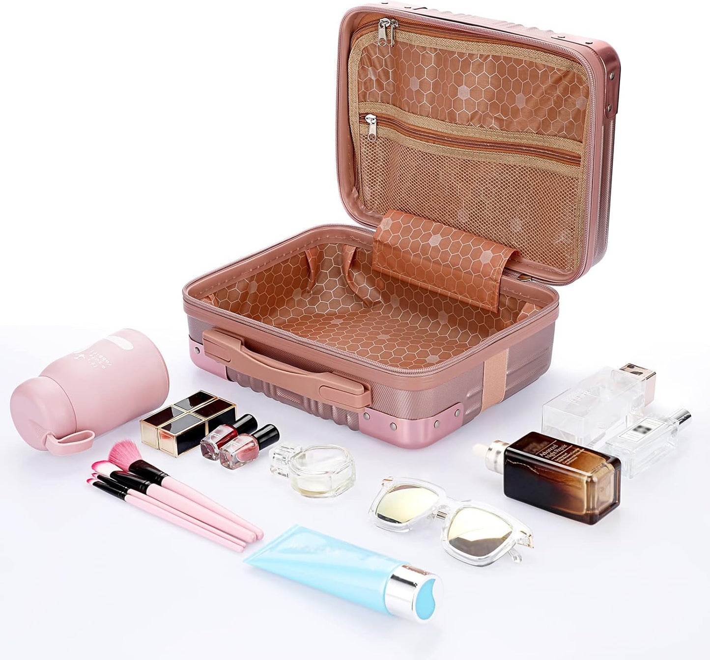 BSTKEY Portable Hard Shell Cosmetic Travel Case, Small Travel Hand Luggage with Elastic Band, Mini ABS Carrying Makeup Case Suitcase, Rose Gold