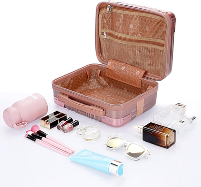 BSTKEY Portable Hard Shell Cosmetic Travel Case, Small Travel Hand Luggage with Elastic Band, Mini ABS Carrying Makeup Case Suitcase, Rose Gold