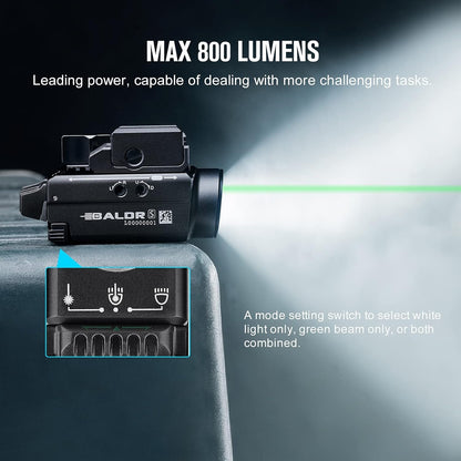 OLIGHT Baldr S 800 Lumens EDC Rechargeable Tactical Flashlight, Flashlight with Adjustable Green Beam and White Light, Compact Rail Mount Light Powered by Battery (Black)