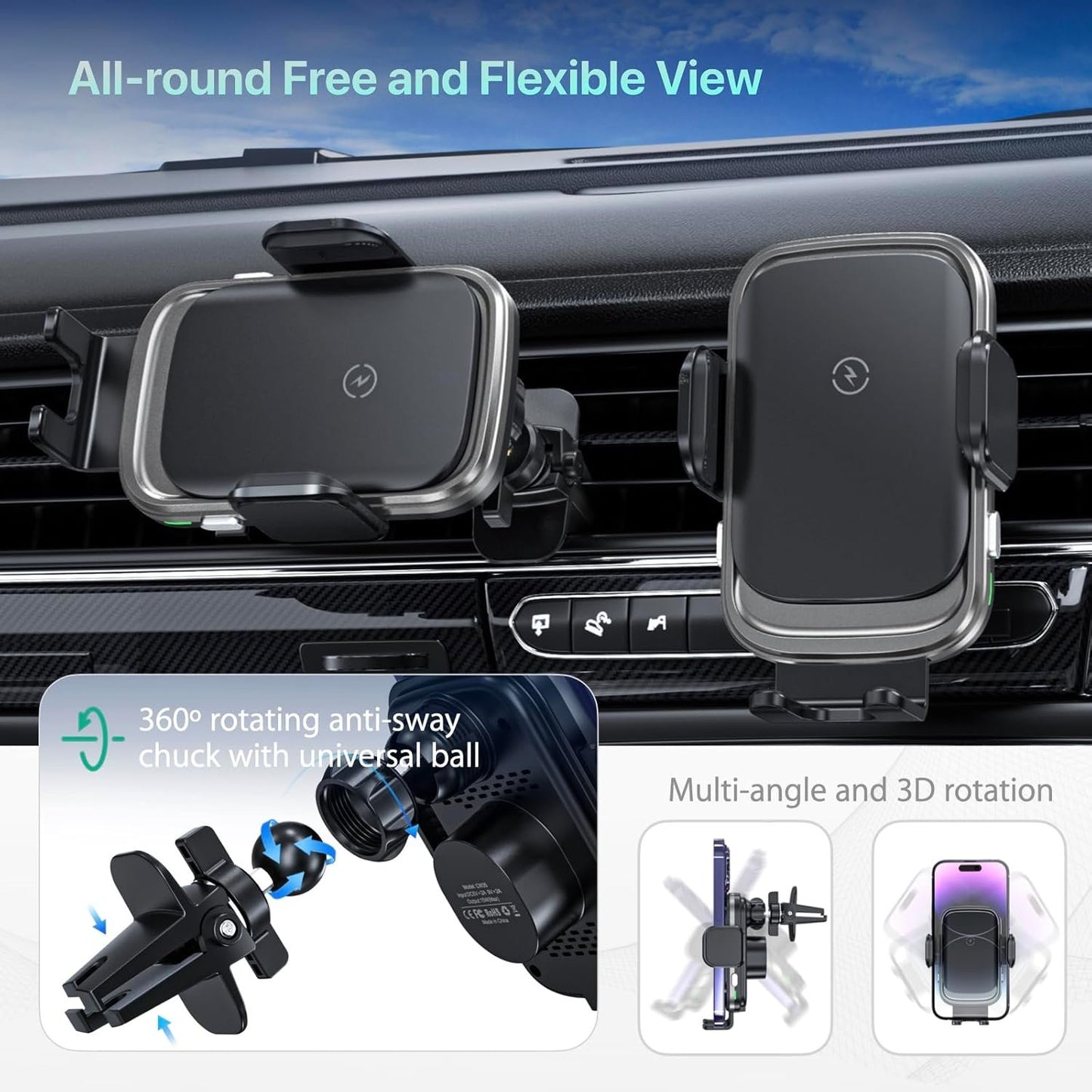 Soflame Wireless Car Charger, 15W Full Auto-Clamping Fast Charging Air Vent Car Wireless Charger for iPhone 16 Series/15 Series/14 Series/11-13 Series/Xr/8, Samsung S23/S22/S21/Note 20