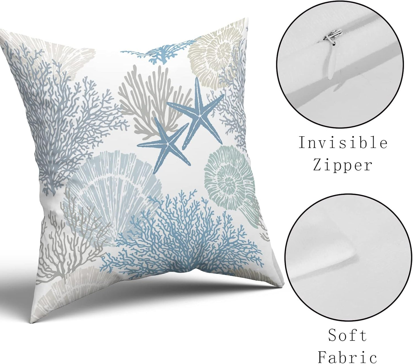 Nautical Coastal Throw Pillow Covers 18x18 Inch Summer Ocean Themed Seashell Coral Starfish Pillow Cases Set of 2 Soft Cotton Square Cushion Covers for Home Couch Sofa Patio Bedroom
